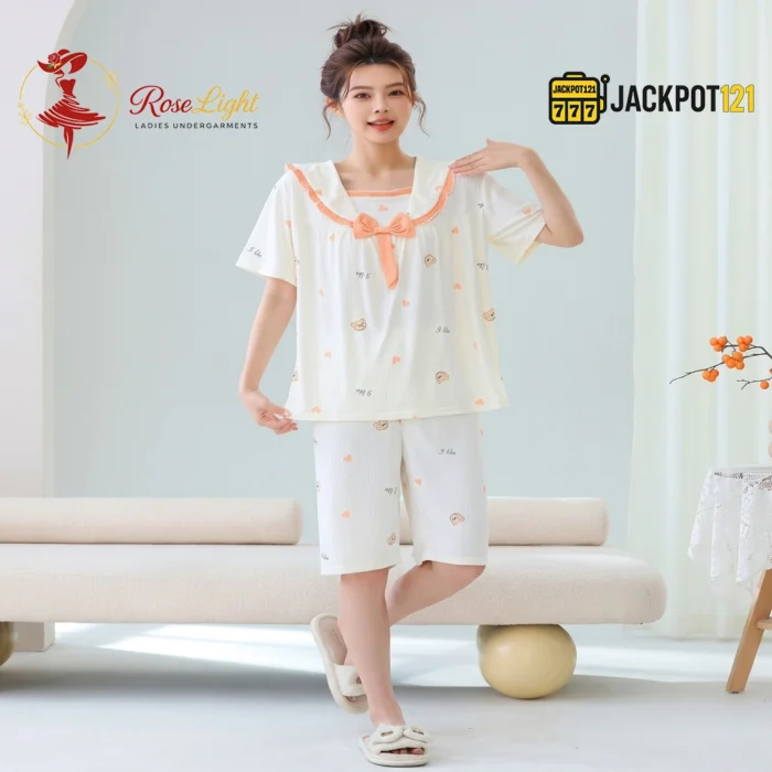 Bear Print Sailor Bow Collar Short Sleeve Cotton Pajama Set - Image 2