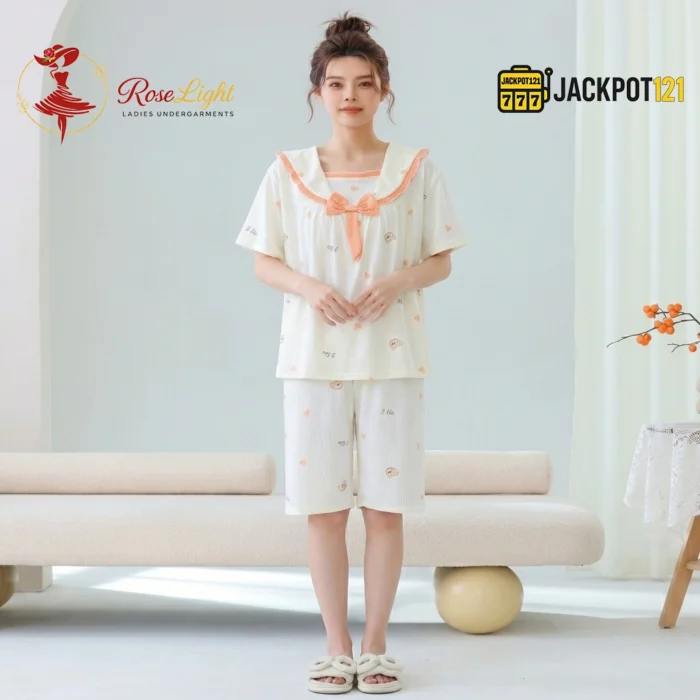 Bear Print Sailor Bow Collar Short Sleeve Cotton Pajama Set - Image 3