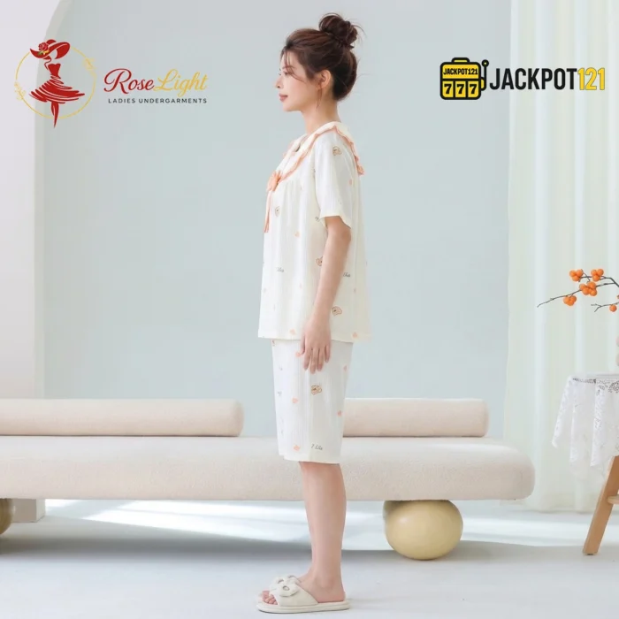 Bear Print Sailor Bow Collar Short Sleeve Cotton Pajama Set - Image 4