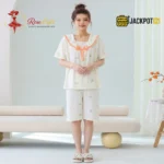 Bear Print Sailor Bow Collar Short Sleeve Cotton Pajama Set - Image 5