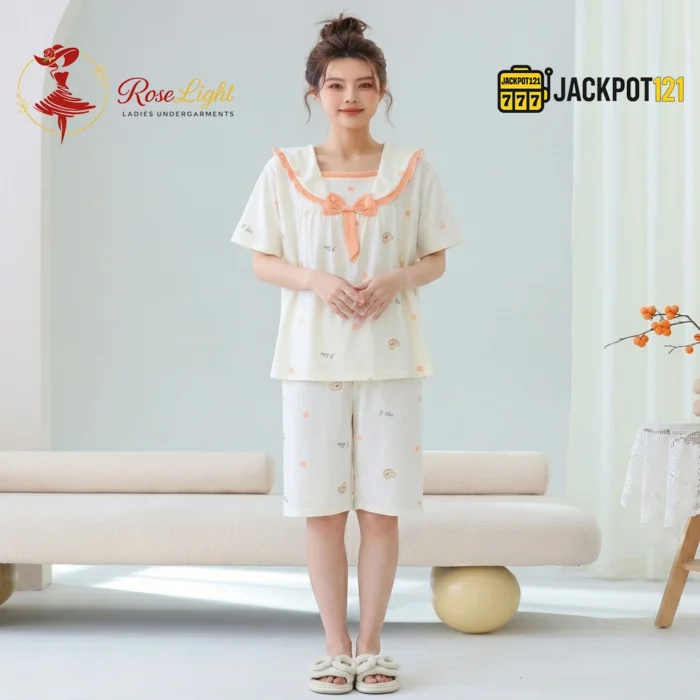 Bear Print Sailor Bow Collar Short Sleeve Cotton Pajama Set - Image 5