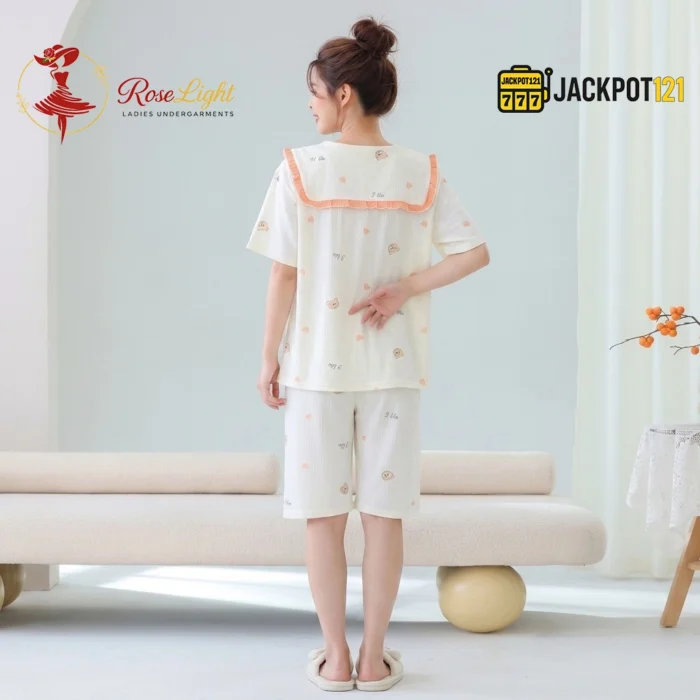 Bear Print Sailor Bow Collar Short Sleeve Cotton Pajama Set - Image 7