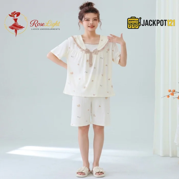 Bear Print Sailor Bow Collar Short Sleeve Cotton Pajama Set - Image 8