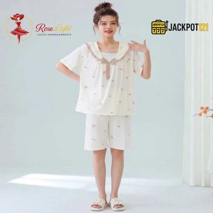 Bear Print Sailor Bow Collar Short Sleeve Cotton Pajama Set - Image 9