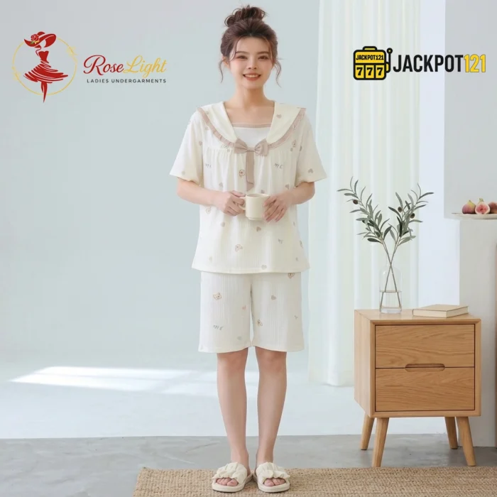 Bear Print Sailor Bow Collar Short Sleeve Cotton Pajama Set - Image 11