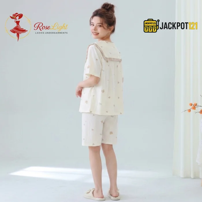 Bear Print Sailor Bow Collar Short Sleeve Cotton Pajama Set - Image 12