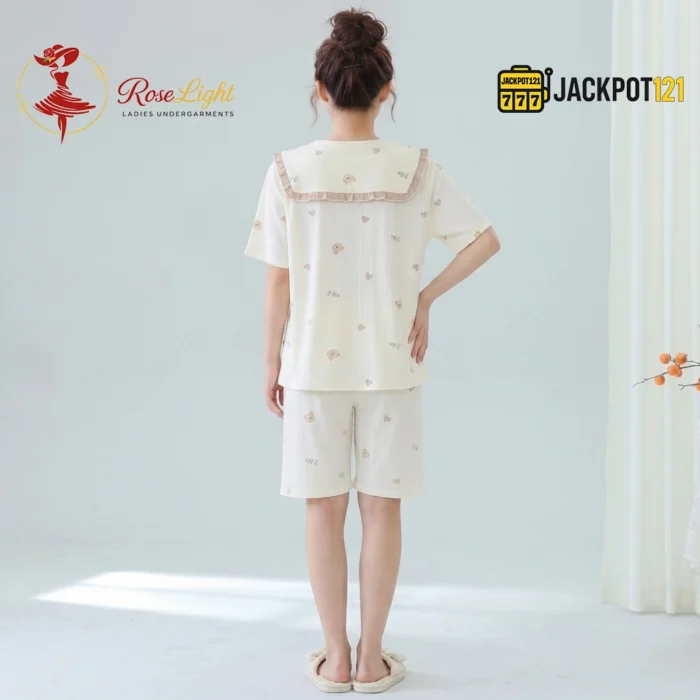Bear Print Sailor Bow Collar Short Sleeve Cotton Pajama Set - Image 13