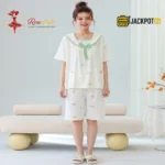 Bear Print Sailor Bow Collar Short Sleeve Cotton Pajama Set - Image 14