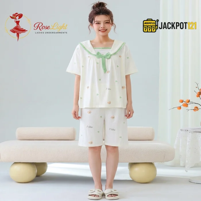 Bear Print Sailor Bow Collar Short Sleeve Cotton Pajama Set - Image 14