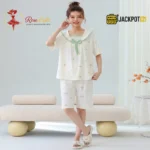 Bear Print Sailor Bow Collar Short Sleeve Cotton Pajama Set - Image 17
