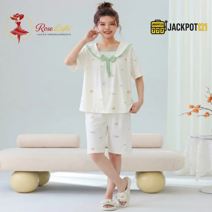 Bear Print Sailor Bow Collar Short Sleeve Cotton Pajama Set - Image 17