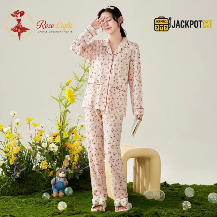 Ditsy Floral Print Piped Collar Cotton Pajama Set - Image 2