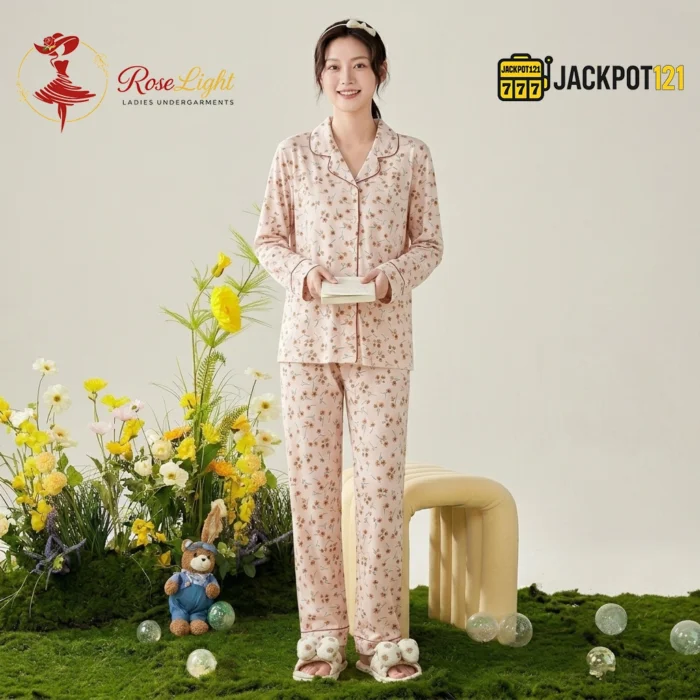Ditsy Floral Print Piped Collar Cotton Pajama Set - Image 3