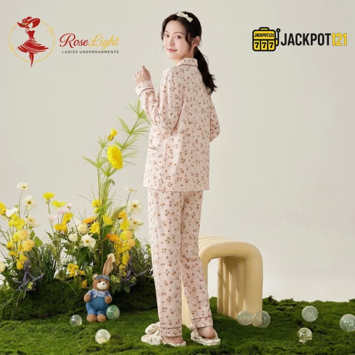 Ditsy Floral Print Piped Collar Cotton Pajama Set - Image 5