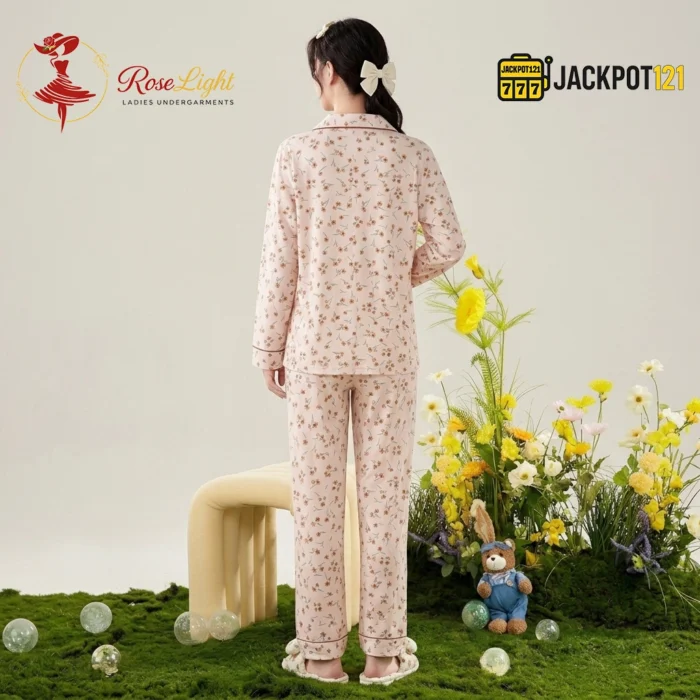 Ditsy Floral Print Piped Collar Cotton Pajama Set - Image 6