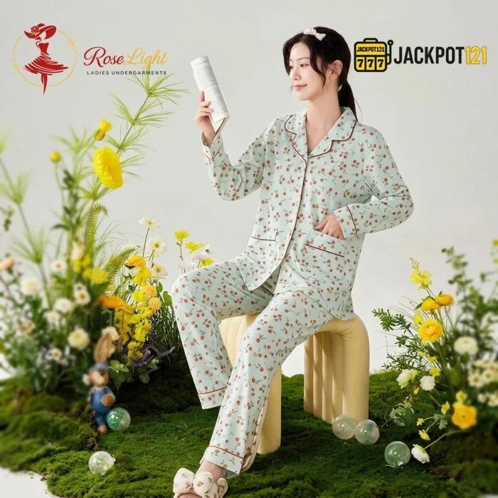 Ditsy Floral Print Piped Collar Cotton Pajama Set - Image 7