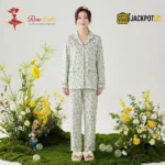 Ditsy Floral Print Piped Collar Cotton Pajama Set - Image 8