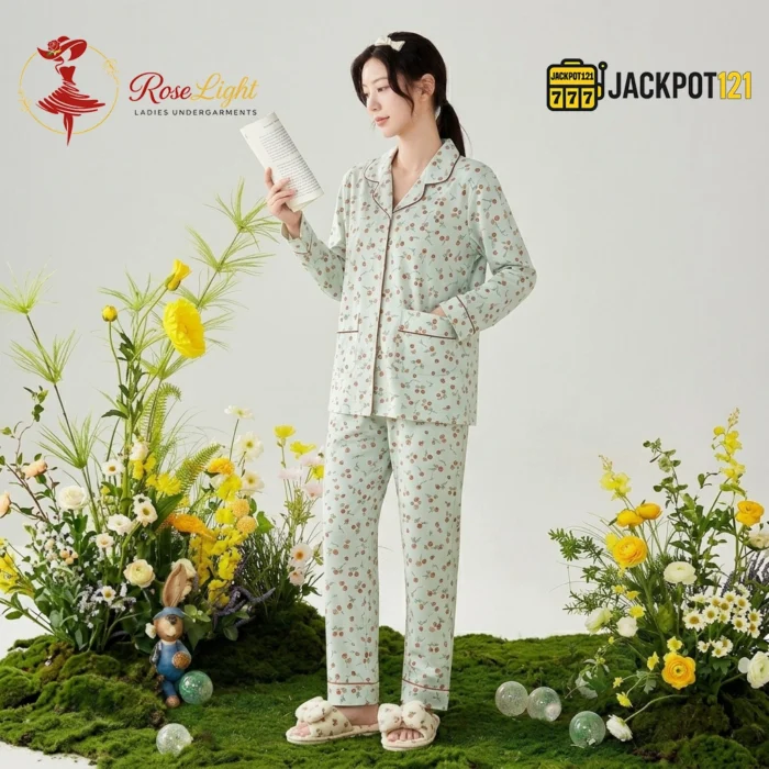 Ditsy Floral Print Piped Collar Cotton Pajama Set - Image 9