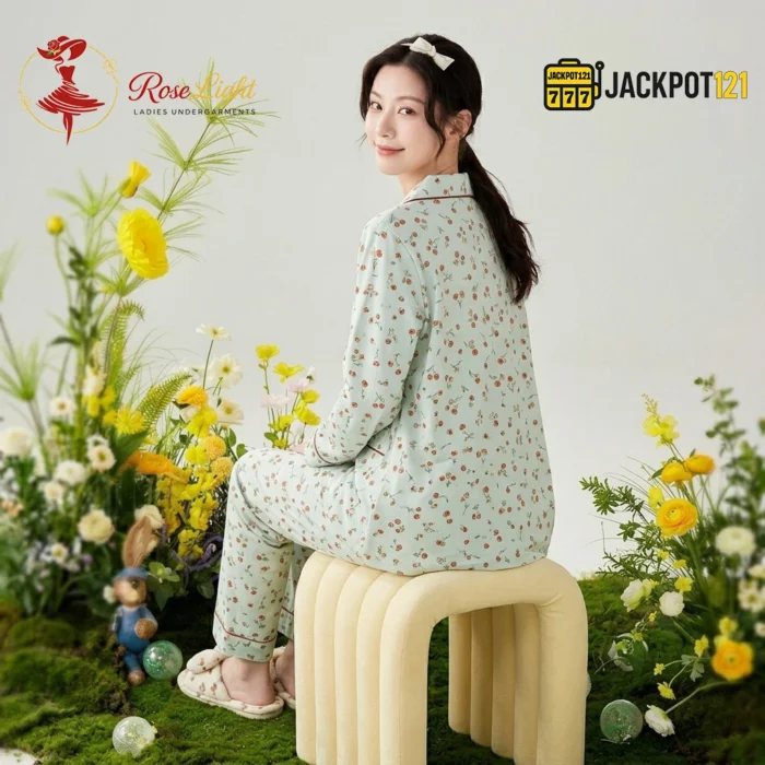 Ditsy Floral Print Piped Collar Cotton Pajama Set - Image 10