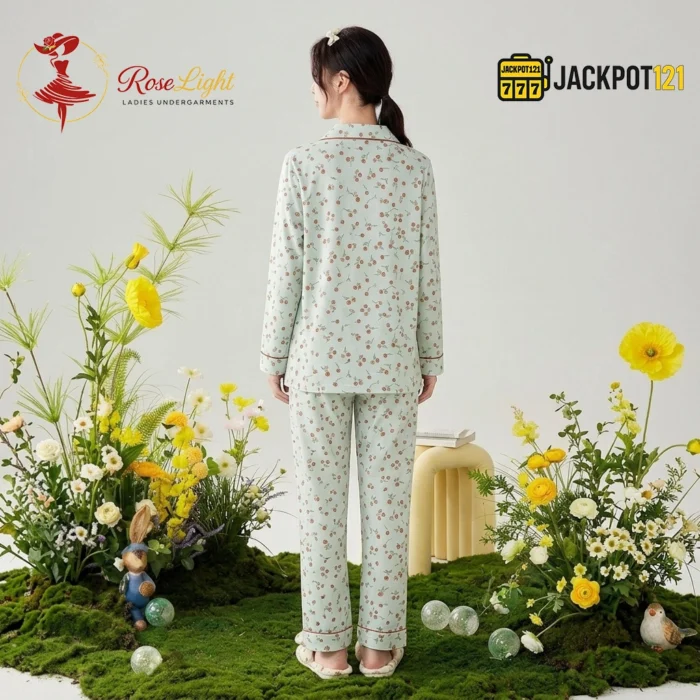 Ditsy Floral Print Piped Collar Cotton Pajama Set - Image 11