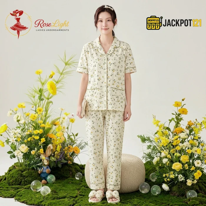 Ditsy Floral Print Piped Collar Cotton Pajama Set - Image 13