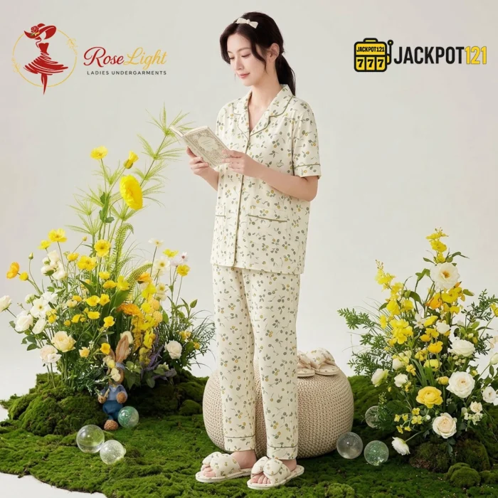 Ditsy Floral Print Piped Collar Cotton Pajama Set - Image 14