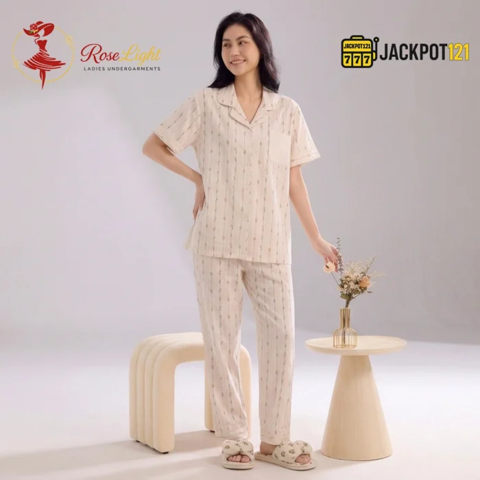 Floral Stripe Notch Collar Short Sleeve Pajama Set - Image 4