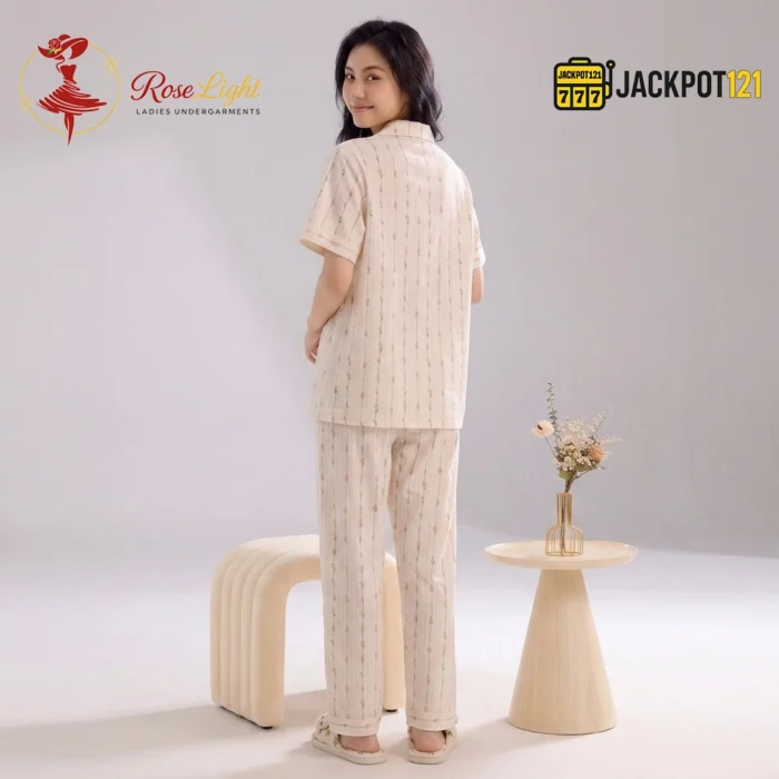 Floral Stripe Notch Collar Short Sleeve Pajama Set - Image 5