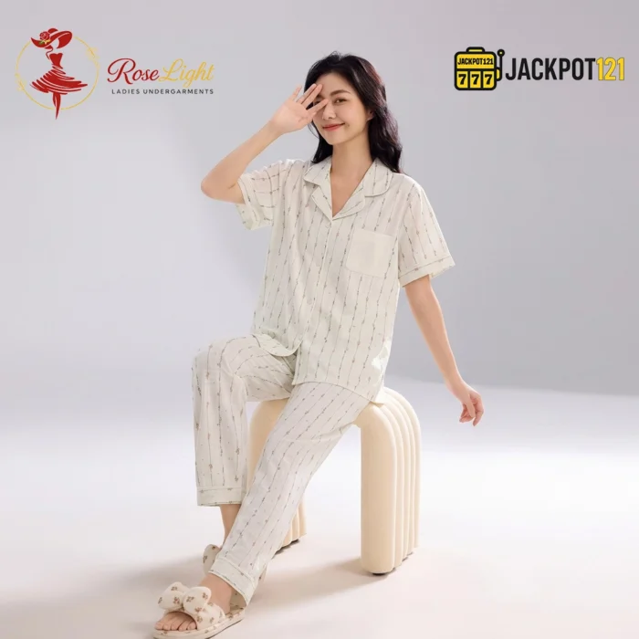 Floral Stripe Notch Collar Short Sleeve Pajama Set - Image 6