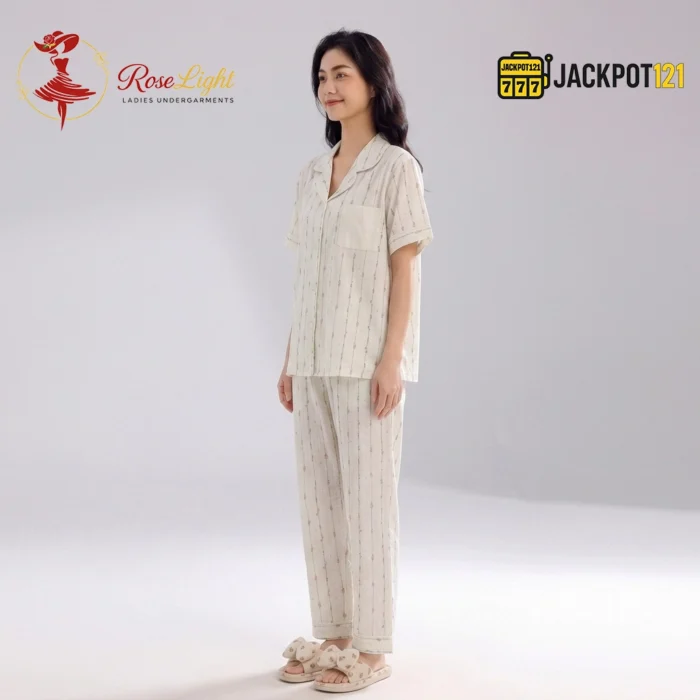 Floral Stripe Notch Collar Short Sleeve Pajama Set - Image 8
