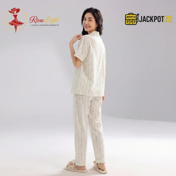 Floral Stripe Notch Collar Short Sleeve Pajama Set - Image 9