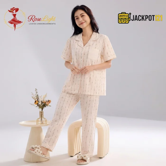 Floral Stripe Notch Collar Short Sleeve Pajama Set - Image 10