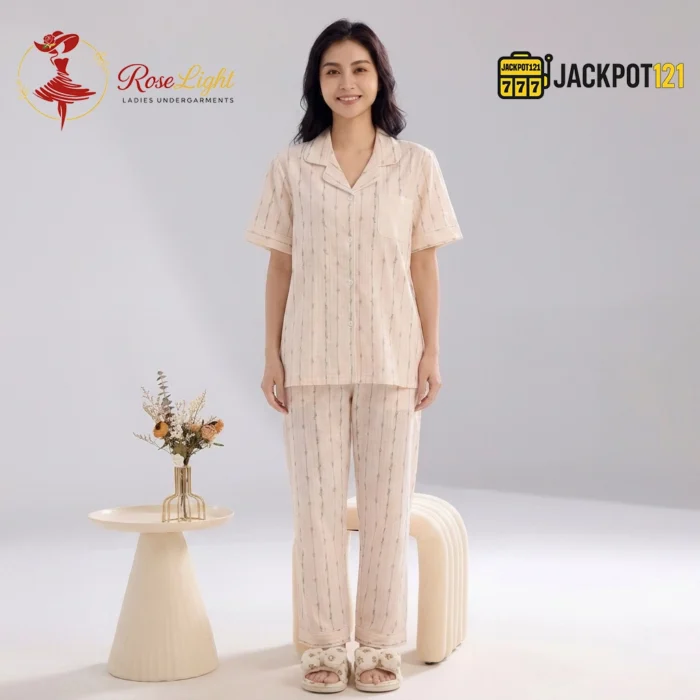 Floral Stripe Notch Collar Short Sleeve Pajama Set - Image 11