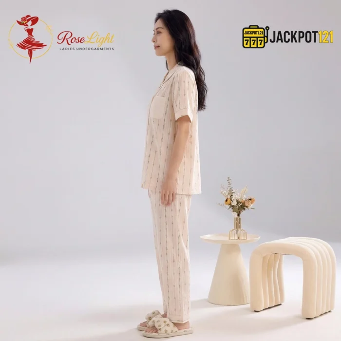 Floral Stripe Notch Collar Short Sleeve Pajama Set - Image 12