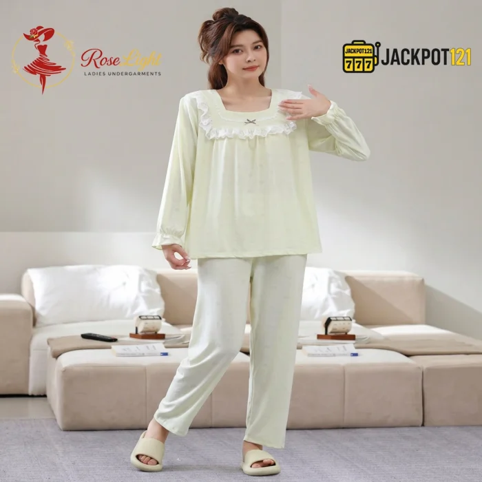 Lace Square Neck Jacquard Cotton Pajama Set - Image 2