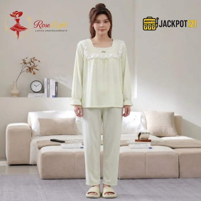 Lace Square Neck Jacquard Cotton Pajama Set - Image 3