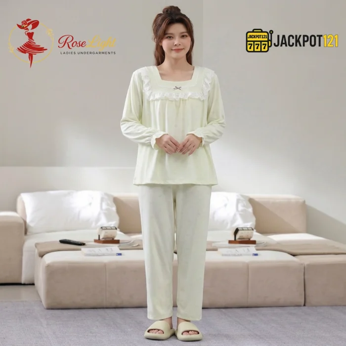 Lace Square Neck Jacquard Cotton Pajama Set - Image 5