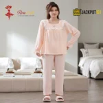 Lace Square Neck Jacquard Cotton Pajama Set - Image 8