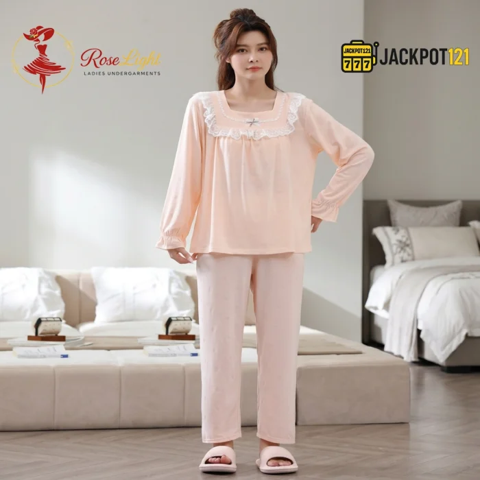 Lace Square Neck Jacquard Cotton Pajama Set - Image 8