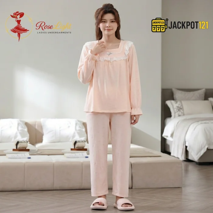 Lace Square Neck Jacquard Cotton Pajama Set - Image 10
