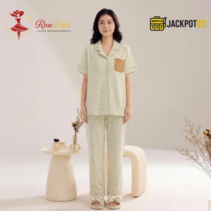 Polka Dot "Happy Mood" Pocket Notch Collar Pajama Set - Image 3