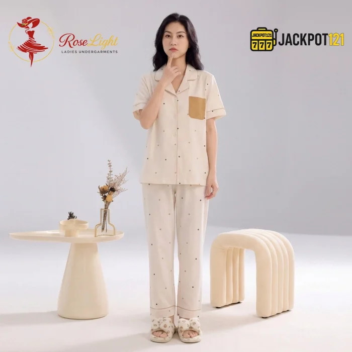 Polka Dot "Happy Mood" Pocket Notch Collar Pajama Set - Image 7