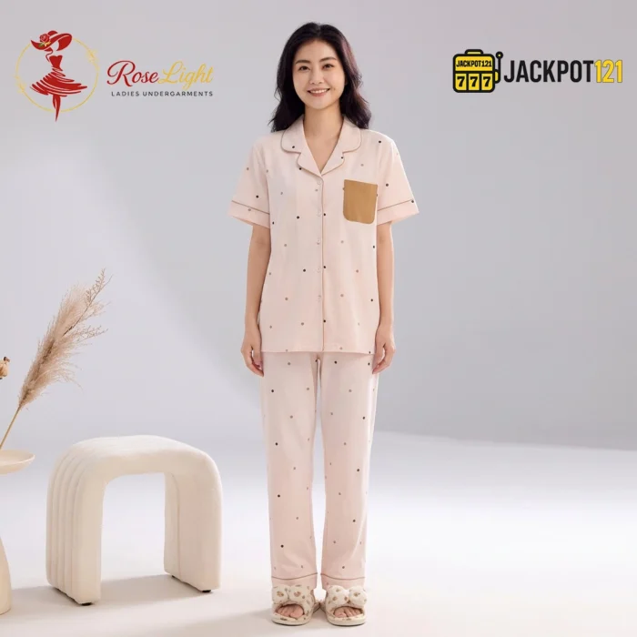 Polka Dot "Happy Mood" Pocket Notch Collar Pajama Set - Image 10
