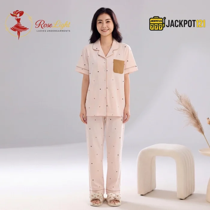 Polka Dot "Happy Mood" Pocket Notch Collar Pajama Set - Image 11