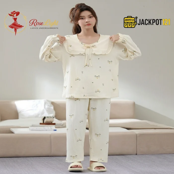 Ruffle Bow Collar Floral Cotton Pajama Set - Image 2