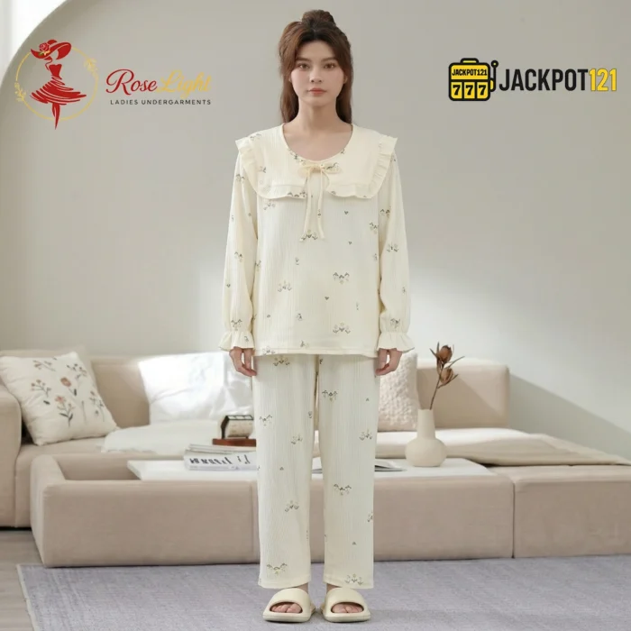 Ruffle Bow Collar Floral Cotton Pajama Set - Image 3
