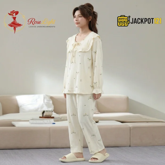 Ruffle Bow Collar Floral Cotton Pajama Set - Image 4