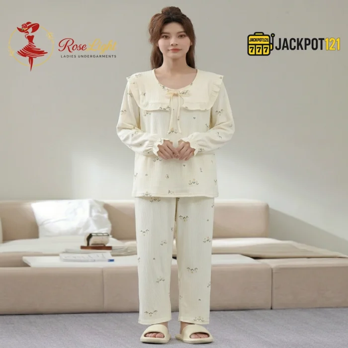 Ruffle Bow Collar Floral Cotton Pajama Set - Image 5