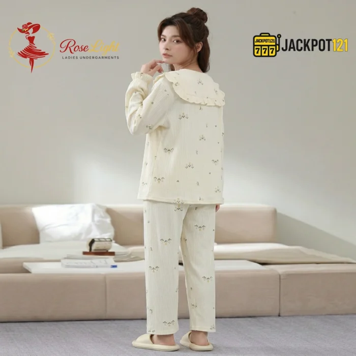 Ruffle Bow Collar Floral Cotton Pajama Set - Image 6