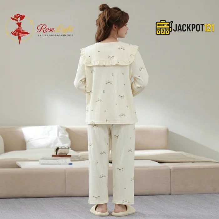Ruffle Bow Collar Floral Cotton Pajama Set - Image 7